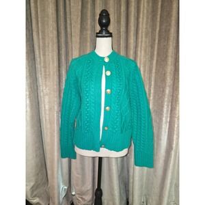 J.Crew Womens Emerald Green Cable Knit Lambswool Cardigan Gold Crest Buttons M